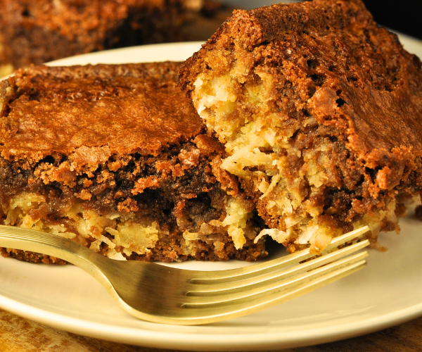 Fudgy Coconut Brownies with Creamy Coconut Filling